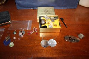 lot 108 image: Jewelry Tie tacks, money clip (needs attention), Misc. beads and earrings