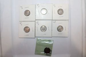 lot 135 image: US currency-- 6 dimes and 1 wheat penny from 1909