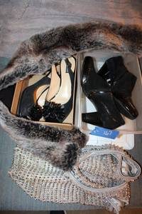 lot 167 image: Womens black shoes (see photos for sizes), furry collar, and silver sparkle bag