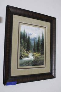 lot 244 image: Framed wall art of mountain stream