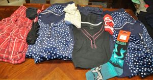 lot 120 image: Clothes Four Medium Pajama sets and socks, and a Few Pajama Separates, Very Soft, Cavernet by Sleep Sense, Karen Neuburger, Nautica and More
