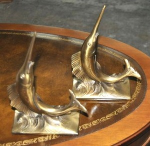 lot 32 image: Vintage Brass Sword fish Book Ends