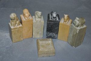 lot 52 image: Vintage Soap stone Sealing Stamps with wax well
