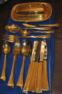 lot 2 image: Vintage Fanfare Japan 24kt Gold Plated utensil Set, Settings for 12, Plus, Four Serving Utensils and Covered Butter Dish