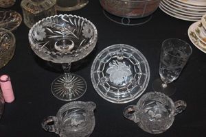 lot 160 image: Vintage Glassware, Creamer and Sugar Set, Candy dish and Compote Bowl and More