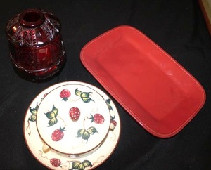 lot 181 image: Rachael Ray Platter, Strawberry Divided Condiment Dish with Lid and Red Glass Candle Holder with Candle