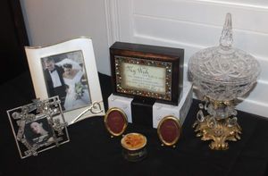 lot 182 image: Vintage Glass, Covered Candy Dish On Chandlier style Pedestal, Trinket Box, Picture Frames and More