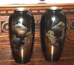 lot 20 image: Polished Brass Inlay Asian theme vases