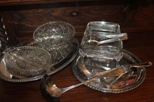 lot 190 image: Vintage Serving Pieces, Divided Glass Bowls, Gorham Heritage Ladels, Glass and Metal Casserole dish an Round Serving Tray