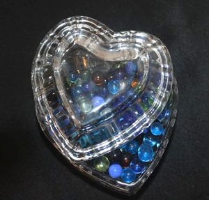 lot 198 image: Large Heart Shaped Lidded Glass Bowl filled with vintage Marbles