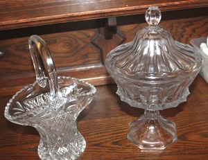 lot 222 image: Clear Glass  Covered Compote Bowl and Sawtooth edge Basket