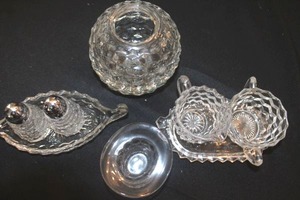 lot 240 image: Fostoria Glassware, Creamer and Sugar, Salt and Pepper Shakers, Top Hat and Candle Holder