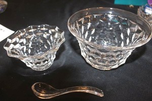 lot 242 image: Fostoria Serving Pieces, Mayonnaise Dish with Glass Ladel and Flared Dish