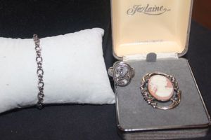 lot 257 image: Cameo Broach, 925 stamped Silver Ring and Bracelet
