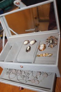 lot 356 image: Small Pandora Jewelry Box with Contents Included, Cameos, Pins, and Necklace