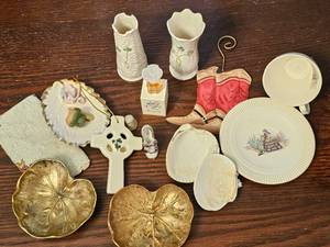 lot 199 image: Beleek Ireland vase, brass Geranium trinket dishes (2) designed and sculpted by Oskar Hansen copyright 1948 and more