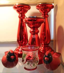 lot 4 image: Candle holders and Cardinals one of the Cardinals tell has a chip in it see picture