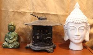 lot 70 image: Buddha head statue and brass candle holder and more see pictures