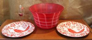 lot 100 image: Red and white bowl and 2 pier 1 plates with birds made in Indonesia and wine glass ornament