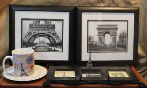 lot 185 image: Paris lot pictures cup and plate  and small metal Eiffel Tower figure