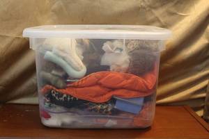 lot 224 image: Tote full of dog closes and dog leashes and toys and more see pictures