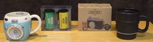 lot 330 image: Camera coffee cup lens coffee cup film salt and pepper shakers and camera flask