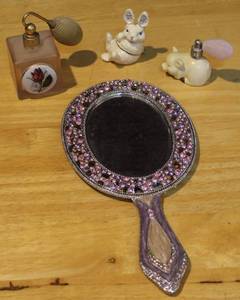 lot 342 image: Vintage Handheld Picture Frame Mirror Heavy Silver Color wornate Pink Faux GemsCUTE Metal Enamel Bunny Rabbit Hinged Trinket Box Rhinestones blue eyesand 2 vintage perfume bottles