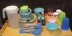 lot 356 image: Plastic dishes bowls spoons plates hello Kitty cup and more see photos