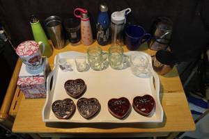 lot 410 image: Starbucks coffee grinder and  Starbucks cups and table gems and fringe fine porcelain lidded mug and much more see all pictures