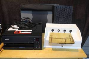 lot 430 image: Canon printer  computer fan desk organizer and lap pad