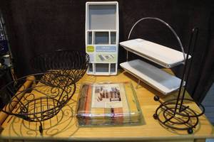 lot 436 image: Mixed lot of kitchen things tablecloth two metal fruit baskets three bin pack paper towel holder and more see photo