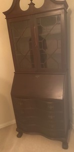 lot 1 image: VINTAGE MAHOGANY SECRETARY DESK , TOP  BOOKCASE W FINIALS, DROP DOWN FRONT, 4 DRAWERS  BALL ON CLAW FEET, W KEY 78 X 38 X21W KEY