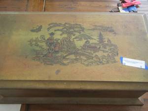lot 3 image: VINTAGE ASIAN WOOD CHEST TREASURE BOX W TRAY  - HAND PAINTED   APPROX 24 X 12 X 8