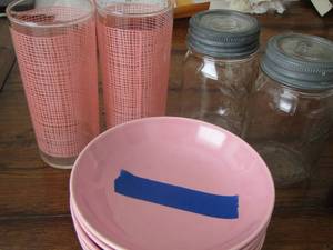 lot 62 image: pink glasses- pink bowls- 2 mason jars