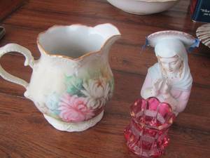 lot 70 image: PORECELIN  SMALL PITCHER, MADONNA,  RED VOTIVE