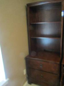 lot 17 image: BOOK SHELF W 3 SHELVES, 2 DRAWERS  MATCHES 14 & 11    76 X 20 X 22