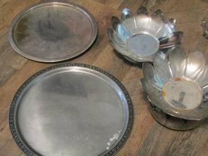 lot 147 image: silver in color flower type bowls qty 3- silver plate platters 