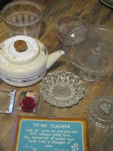 lot 148 image: tea pot- cake plate- misc. bowls - glass ice bucket with NO lid