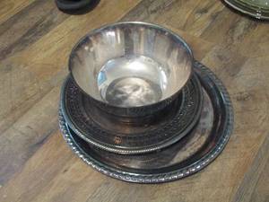 lot 146 image: silver plate bowl- also includes 2 silver plate serving platters