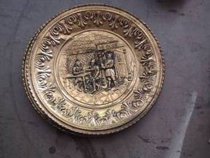 lot 163 image: BRASSTIN WALL PLATECHARGERS  EMBOSSED PUB SCENES     QTY 3