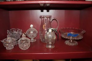 lot 67 image: Clear cut glass serving bowls, crystal pitcher, with sugar and creamer set