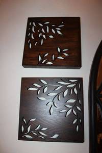 lot 18 image: Decorative wood block art with leaf cut out design - 4 total