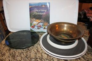 lot 79 image: Lazy Susans (one is green marble), brass bowl and recipe book