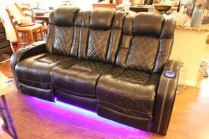 lot 1 image: Black Leather Couch sofa with lights and center charging adapters- 7 Ft. W x 40 D x 42H, see photos
