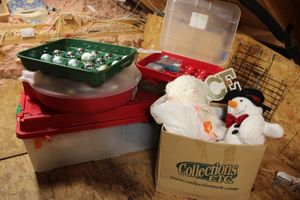 lot 185 image: Christmas ornaments and carriers, stuffed snowman, teddy bear and more