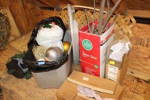 lot 189 image: Outdoor tree ornaments, wood lattice, small Christmas tree and more