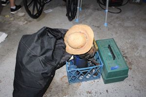 lot 295 image: Air matresses, fishing tackle box, and camping dishes