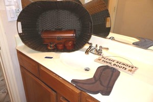 lot 255 image: Home dcor large basket, wood storage box, Please remove your Boots sign