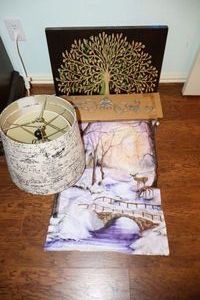lot 119 image: wall art light up tree, banner, metal dcor piece, and lamp shades