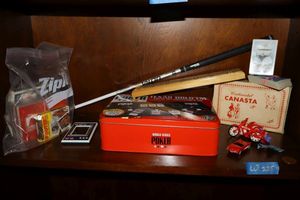 lot 225 image: Game lot putter, poker set, card decks, cribbage board, canasta and more